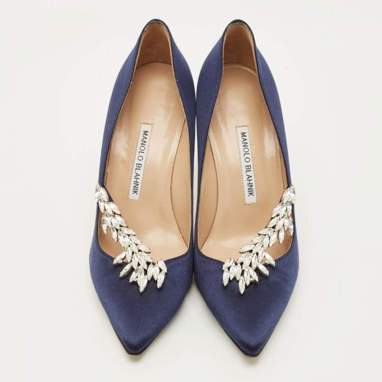 Pre Owned Manolo Blahnik Nadira Size 38.5 Navy Blue Satin Crystal Embellished Pumps