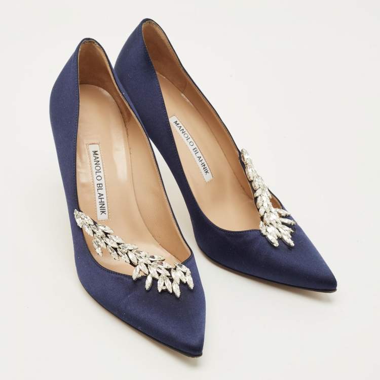 Pre Owned Manolo Blahnik Nadira Size 38.5 Navy Blue Satin Crystal Embellished Pumps