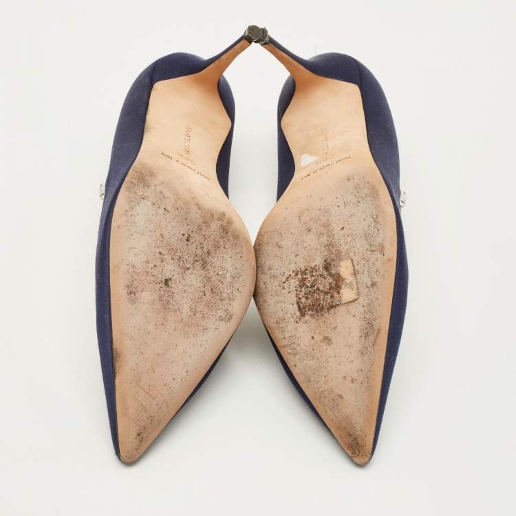 Pre Owned Manolo Blahnik Nadira Size 38.5 Navy Blue Satin Crystal Embellished Pumps