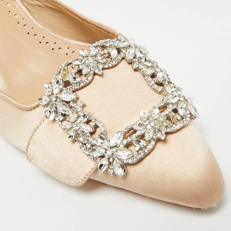 Pre Owned Manolo Blahnik Maysale Size 38 Beige Satin Mules
