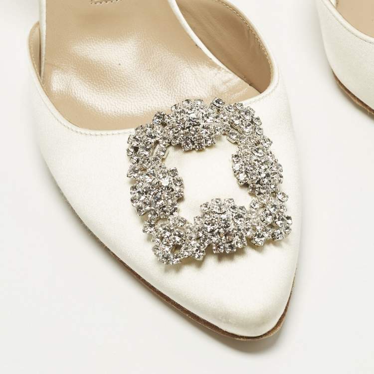 Pre Owned Manolo Blahnik Hangisli Size 39.5 Cream Satin SlingbackPumps