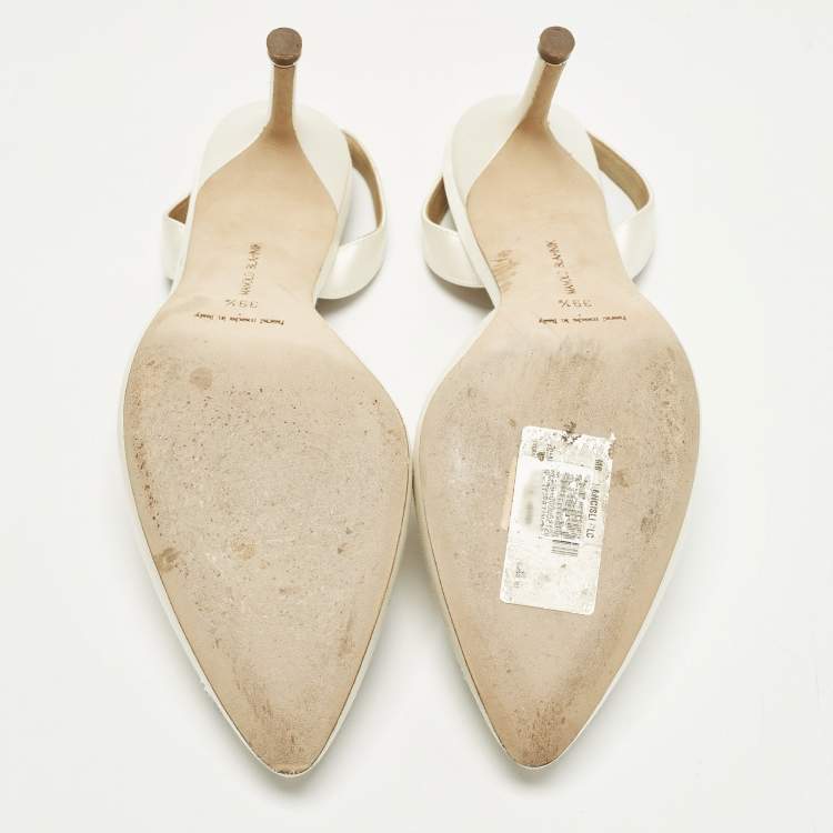 Pre Owned Manolo Blahnik Hangisli Size 39.5 Cream Satin SlingbackPumps