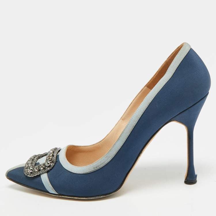 Pre Owned Manolo Blahnik Gotrian Size 41 Blue Fabric Crystal Embellished Pumps