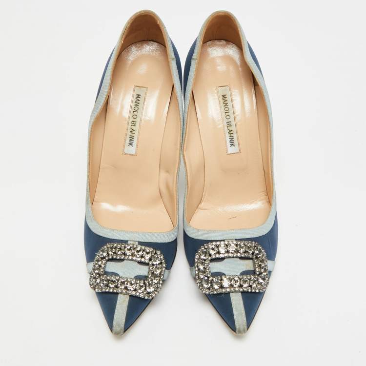 Pre Owned Manolo Blahnik Gotrian Size 41 Blue Fabric Crystal Embellished Pumps