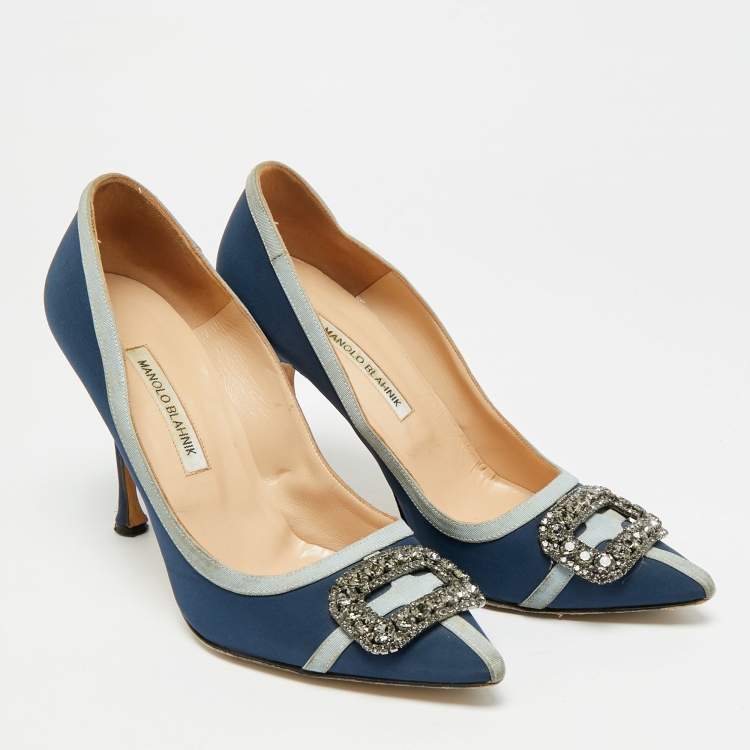 Pre Owned Manolo Blahnik Gotrian Size 41 Blue Fabric Crystal Embellished Pumps
