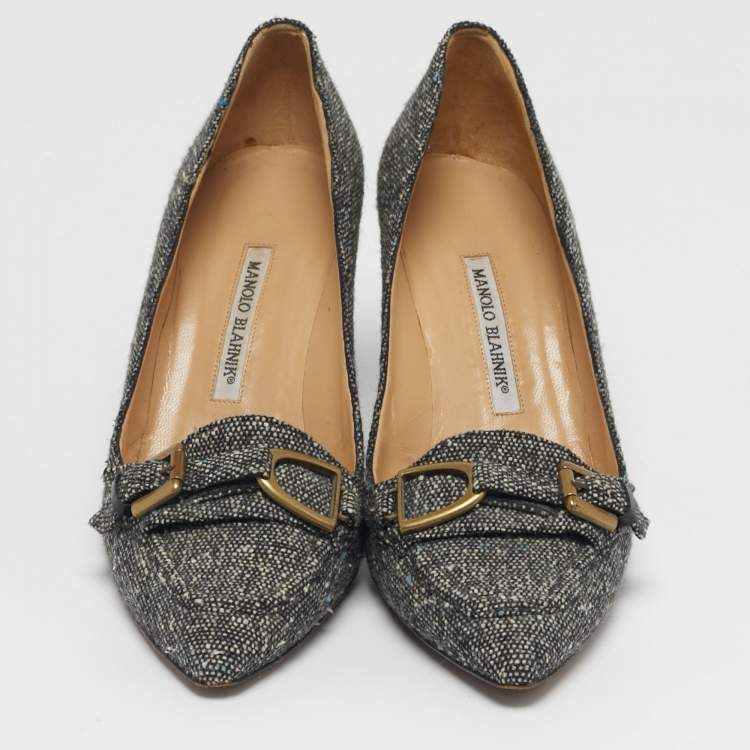 Pre Owned Manolo Blahnik Size 41 Black Tweed Pointed Toe Loafer Pumps