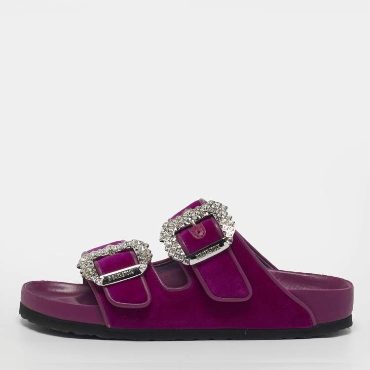 Pre Owned Manolo Blahnik Size 37 Purple Leather and Velvet Crystal Embellished Flat Sandals