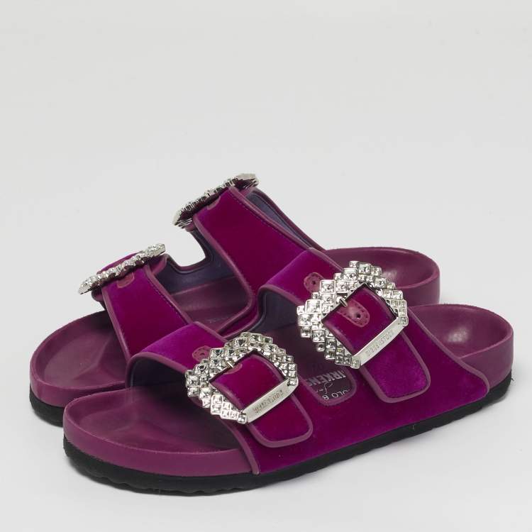Pre Owned Manolo Blahnik Size 37 Purple Leather and Velvet Crystal Embellished Flat Sandals