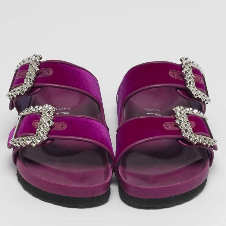 Pre Owned Manolo Blahnik Size 37 Purple Leather and Velvet Crystal Embellished Flat Sandals