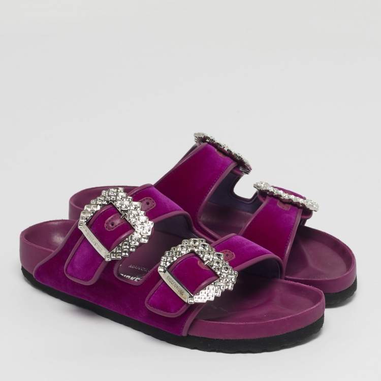 Pre Owned Manolo Blahnik Size 37 Purple Leather and Velvet Crystal Embellished Flat Sandals