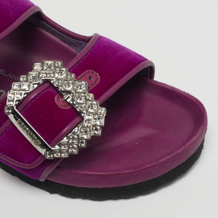 Pre Owned Manolo Blahnik Size 37 Purple Leather and Velvet Crystal Embellished Flat Sandals