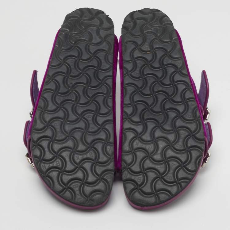 Pre Owned Manolo Blahnik Size 37 Purple Leather and Velvet Crystal Embellished Flat Sandals