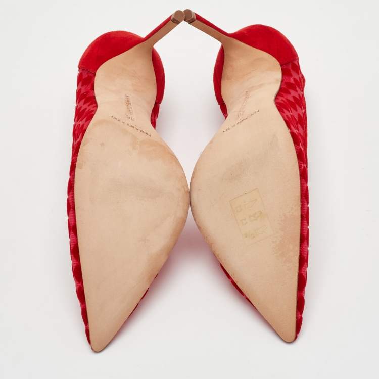 Pre Owned Manolo Blahnik Bbla Size 38 Red Checked Mesh and Suede Pointed Toe Pumps