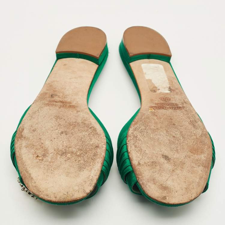 Pre Owned Manolo Blahnik Size 40.5 Green Satin Flat Slides 