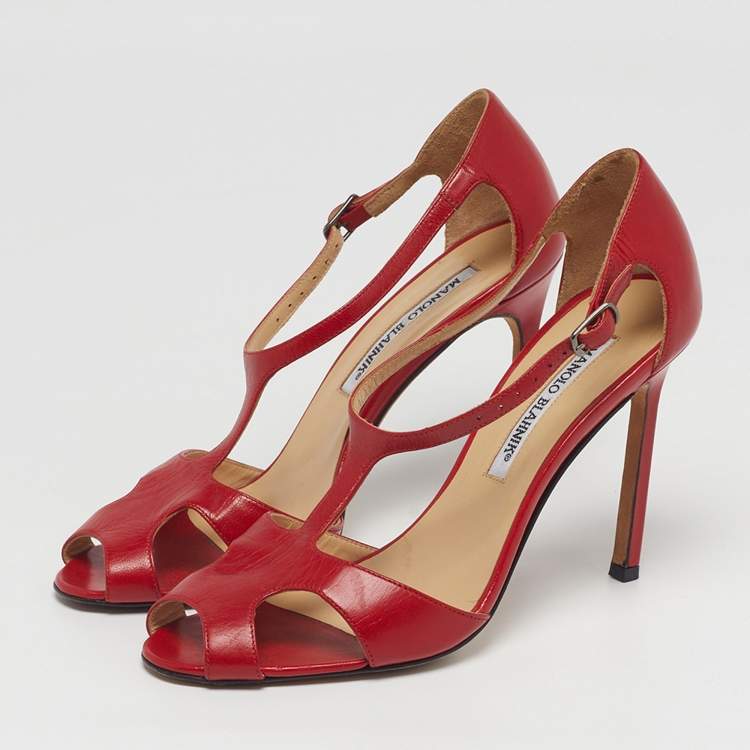 Pre Owned Manolo Blahnik Size 36.5 Red Leather T Strap Sandals