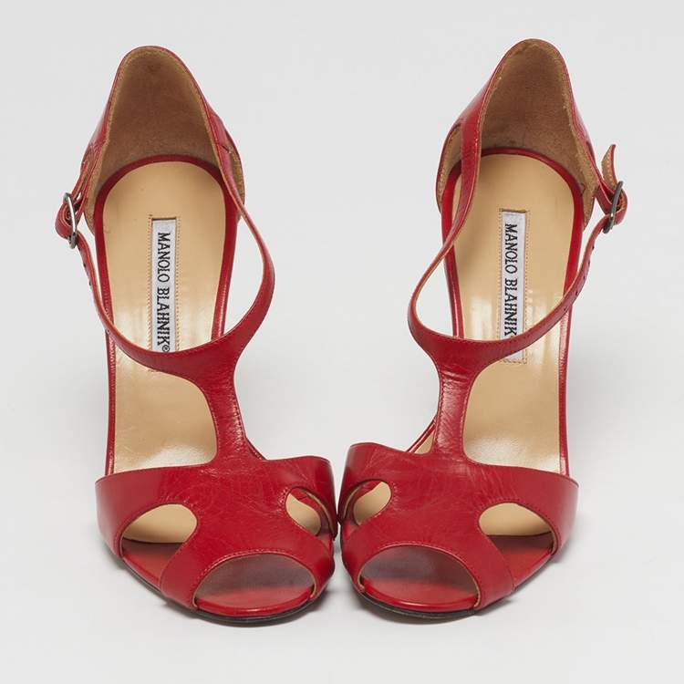 Pre Owned Manolo Blahnik Size 36.5 Red Leather T Strap Sandals