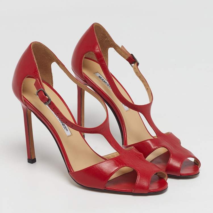 Pre Owned Manolo Blahnik Size 36.5 Red Leather T Strap Sandals