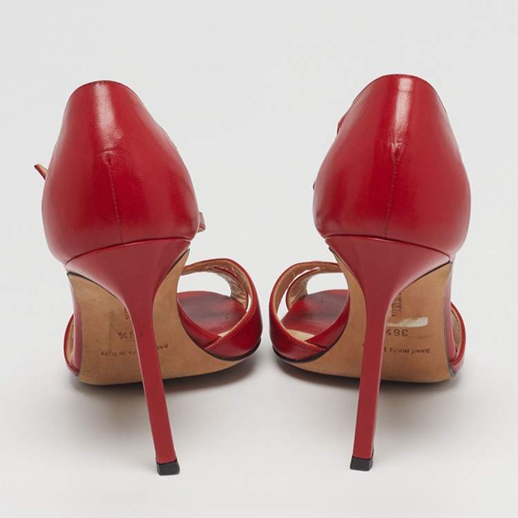Pre Owned Manolo Blahnik Size 36.5 Red Leather T Strap Sandals
