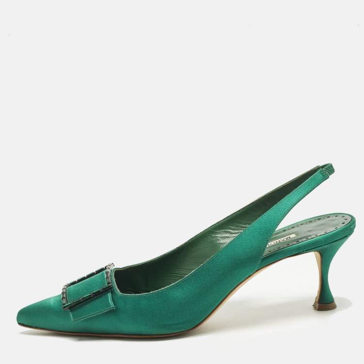 Pre Owned Manolo Blahnik Dolores Size 40 Green Satin Slingback Pumps