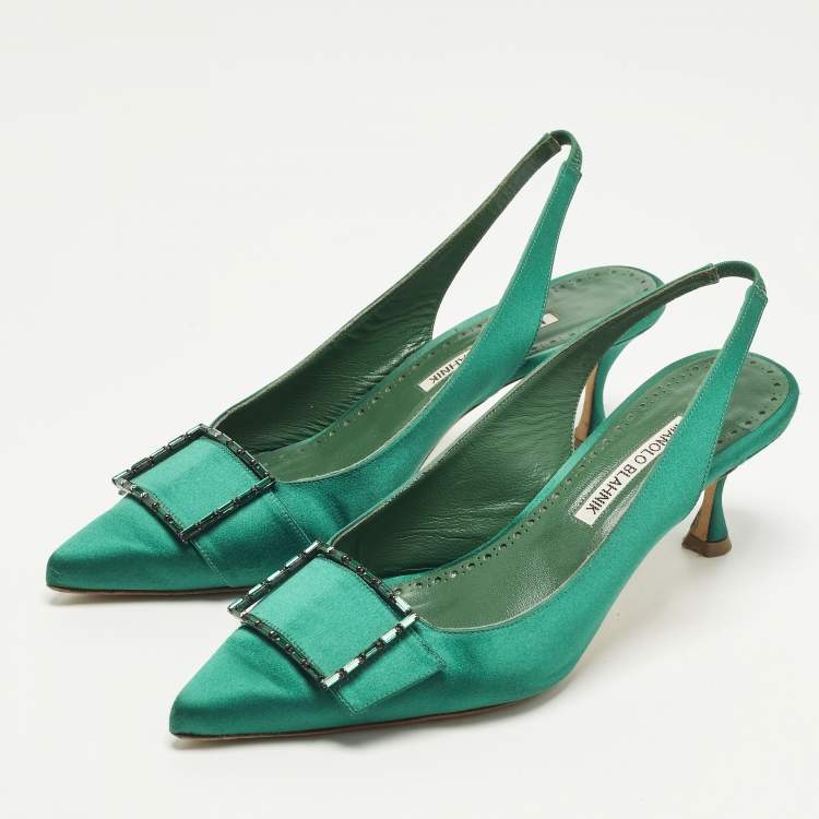 Pre Owned Manolo Blahnik Dolores Size 40 Green Satin Slingback Pumps