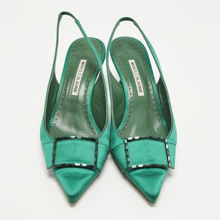 Pre Owned Manolo Blahnik Dolores Size 40 Green Satin Slingback Pumps