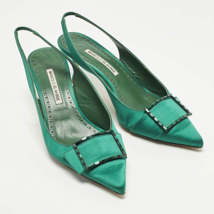 Pre Owned Manolo Blahnik Dolores Size 40 Green Satin Slingback Pumps