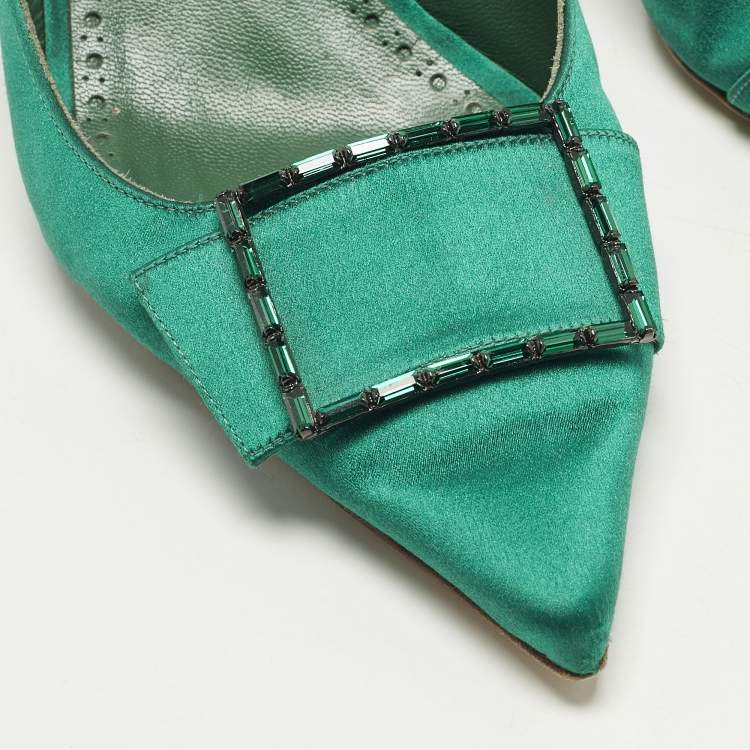 Pre Owned Manolo Blahnik Dolores Size 40 Green Satin Slingback Pumps