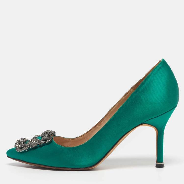Pre Owned Manolo Blahnik Hangisi Size 35.5 Green Satin Pumps