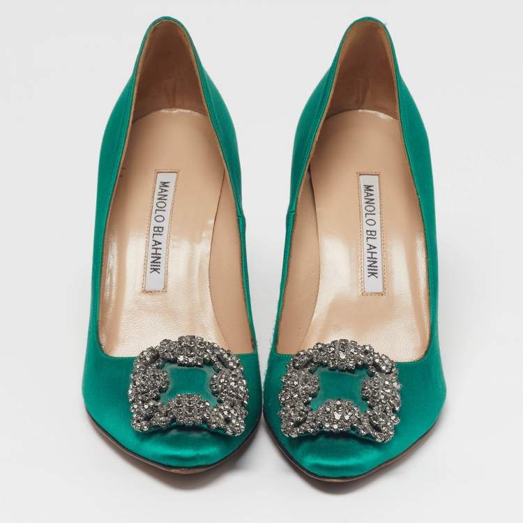 Pre Owned Manolo Blahnik Hangisi Size 35.5 Green Satin Pumps