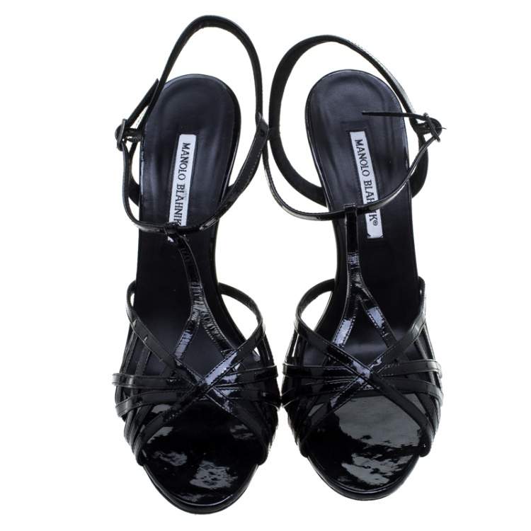 Pre Owned Manolo Blahnik Black Patent Leather Cut Out T Strap Sandals Size 42