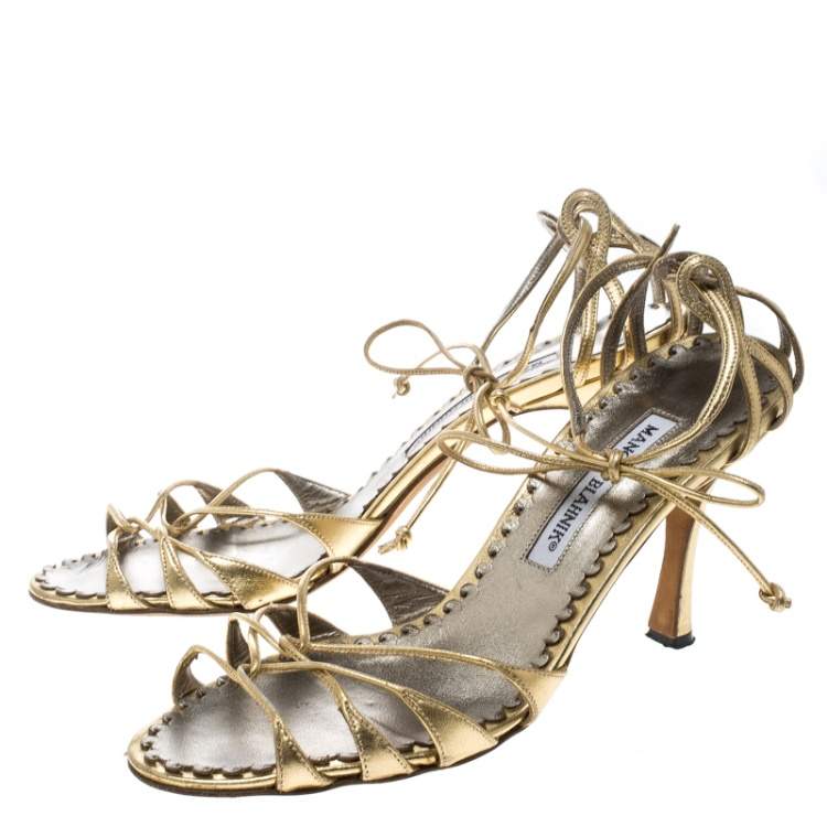 Pre Owned Manolo Blahnik Metallic Gold Leather Strappy Ankle Wrap Sandals Size 38