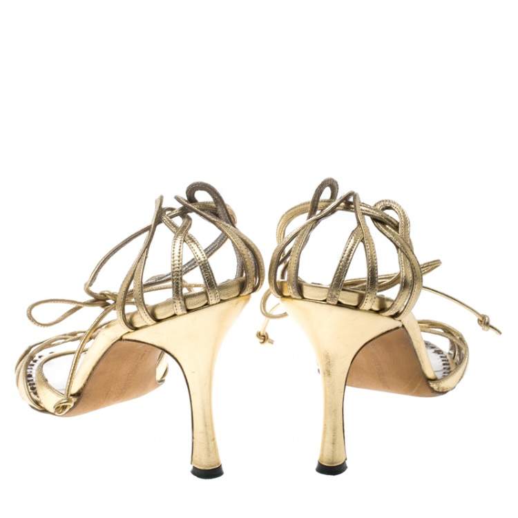 Pre Owned Manolo Blahnik Metallic Gold Leather Strappy Ankle Wrap Sandals Size 38