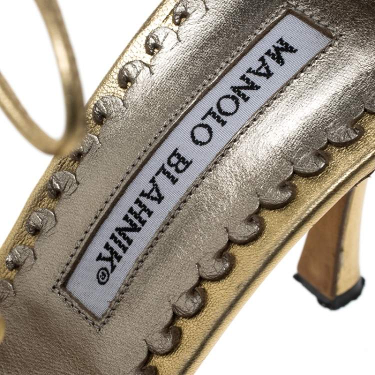 Pre Owned Manolo Blahnik Metallic Gold Leather Strappy Ankle Wrap Sandals Size 38