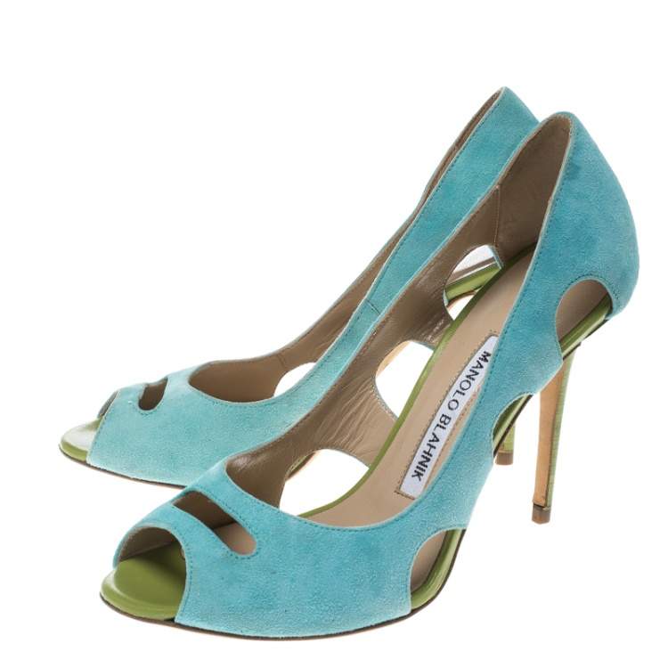 Pre Owned Manolo Blahnik Aqua Green Suede Cutout Peep Toe Pumps Size 35.5