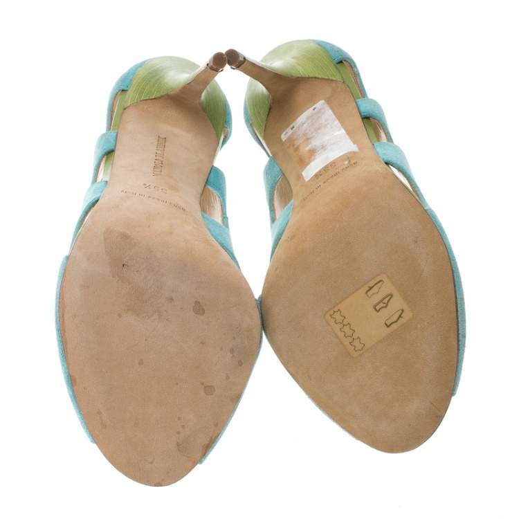 Pre Owned Manolo Blahnik Aqua Green Suede Cutout Peep Toe Pumps Size 35.5