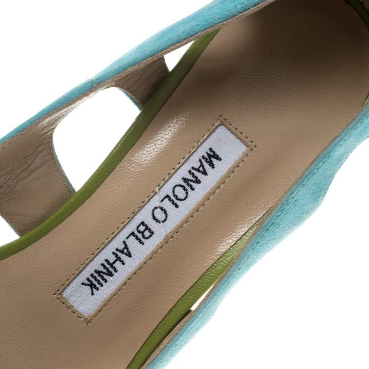 Pre Owned Manolo Blahnik Aqua Green Suede Cutout Peep Toe Pumps Size 35.5