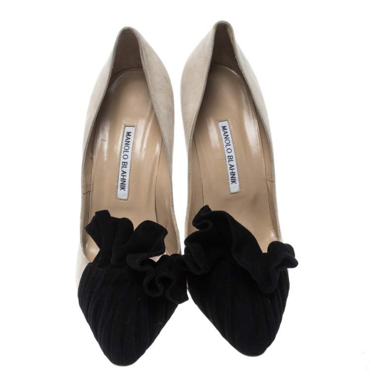 Pre Owned Manolo Blahnik Beige and Black Suede Arleti Frill Detail Pumps Size 41