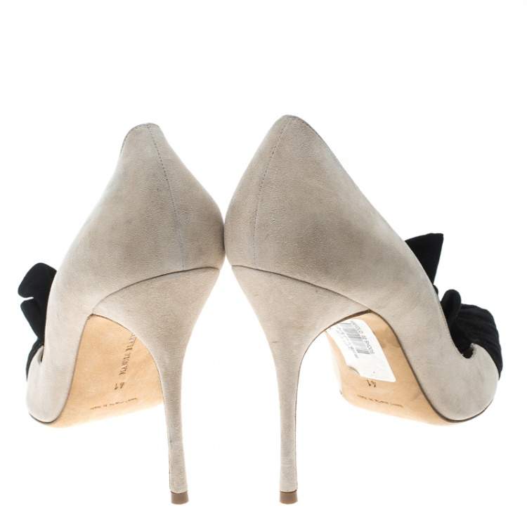 Pre Owned Manolo Blahnik Beige and Black Suede Arleti Frill Detail Pumps Size 41