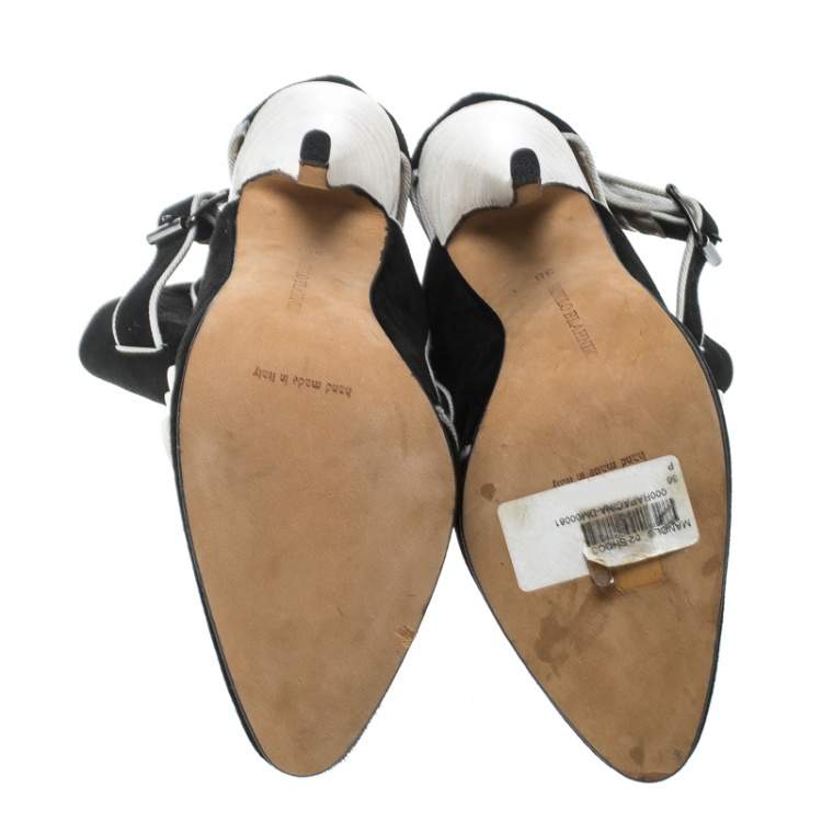 Pre Owned Manolo Blahnik Black/White Suede and Fabric Rapacina Button Detail Booties Size 35.5