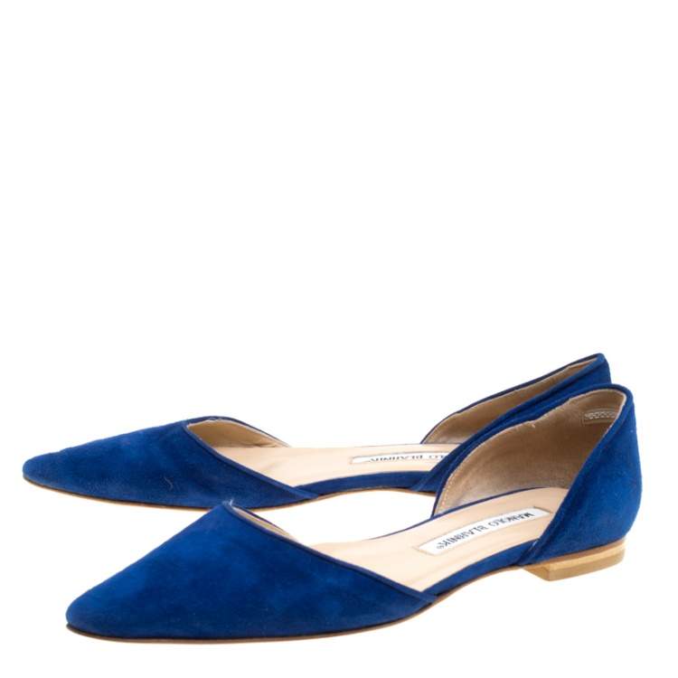 Pre Owned Manolo Blahnik Cobalt Blue Suede Soussaba D'Orsay Flats Size 35.5