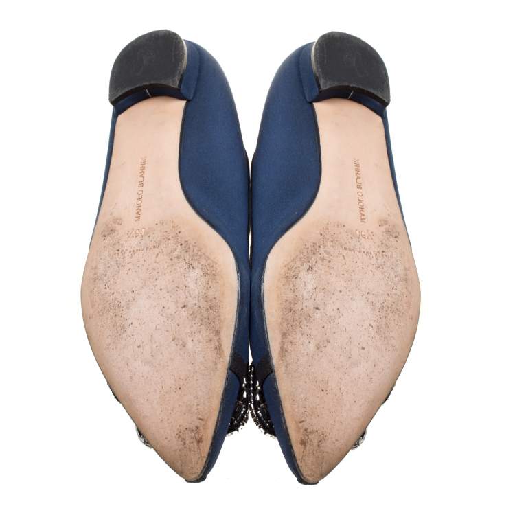 Pre Owned Manolo Blahnik Navy Blue Satin Gotrian Crystal Embellished Pointed Toe Flats Size 36.5