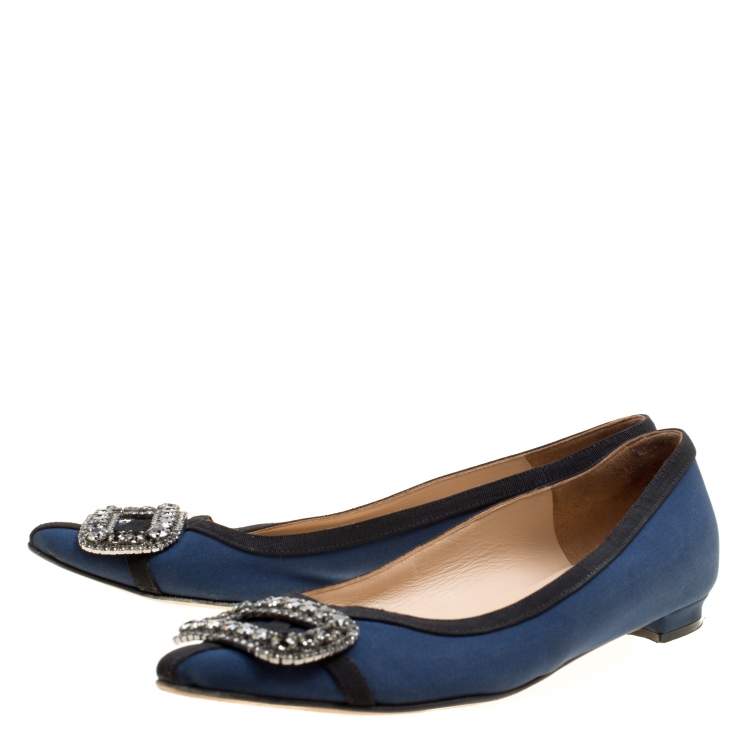Pre Owned Manolo Blahnik Navy Blue Satin Gotrian Crystal Embellished Pointed Toe Flats Size 36.5