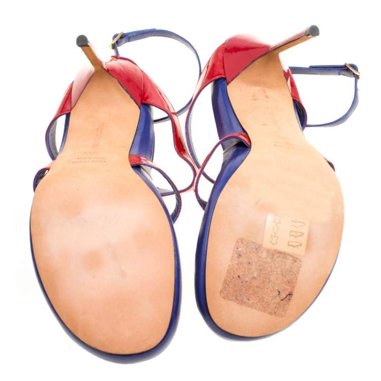 Pre Owned Manolo Blahnik Red/Blue Leather T Strap Thong Sandals Size 40.5
