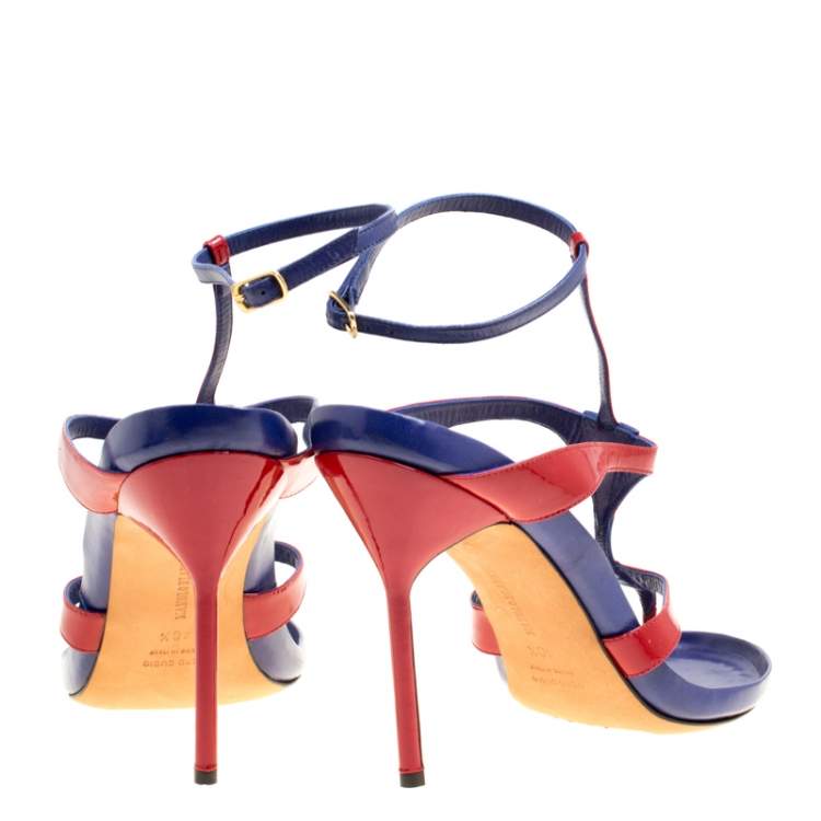 Pre Owned Manolo Blahnik Red/Blue Leather T Strap Thong Sandals Size 40.5