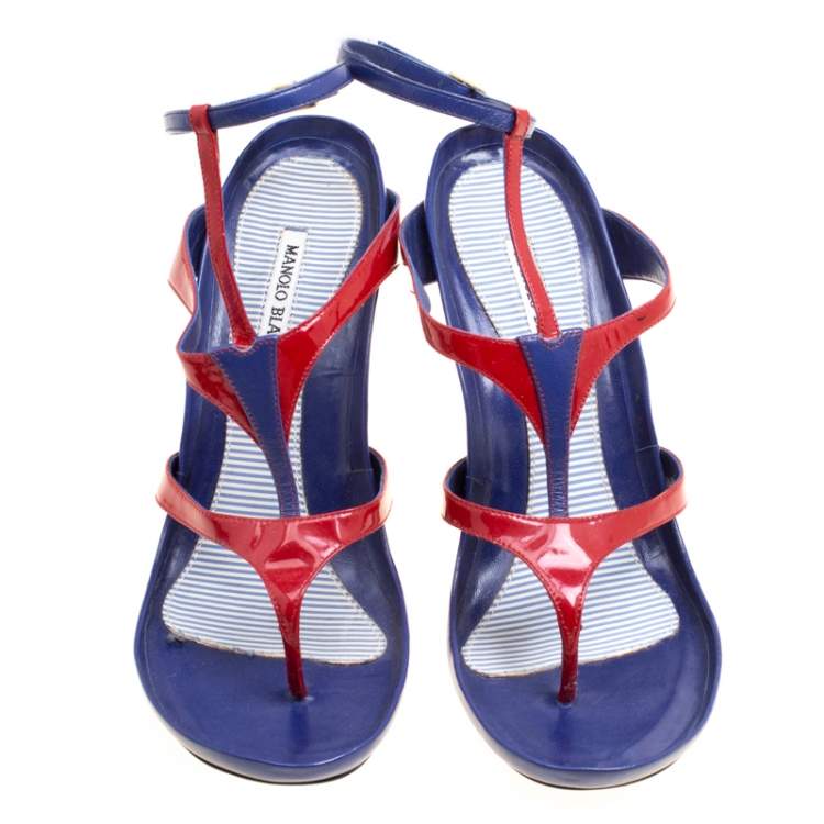 Pre Owned Manolo Blahnik Red/Blue Leather T Strap Thong Sandals Size 40.5