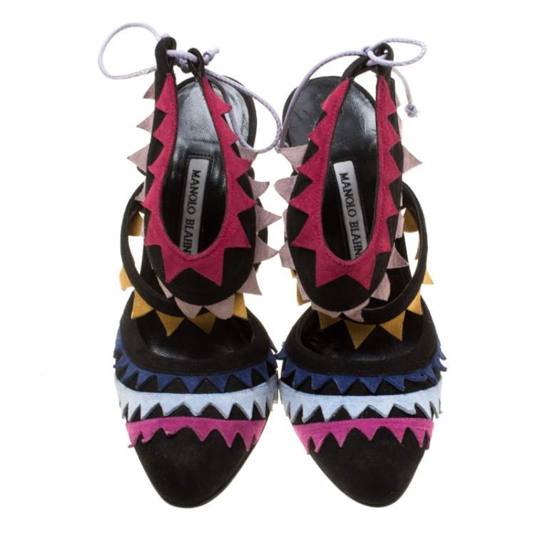 Pre Owned Manolo Blahnik Multicolor Suede Anastasia Sandals Size 38