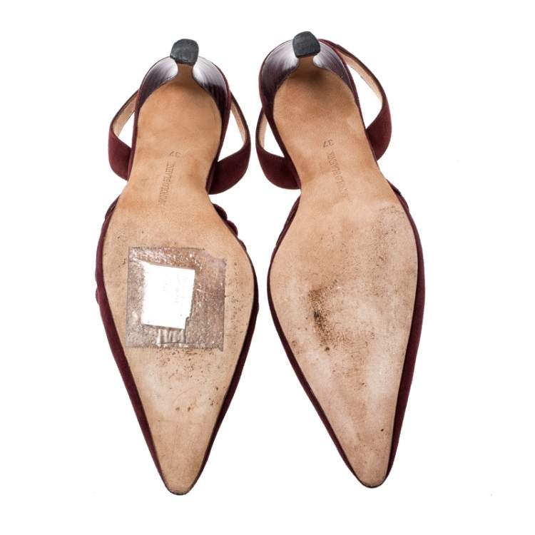 Pre Owned Manolo Blahnik Deep Wine Suede Pointed Toe Scallop Trim Slingback Sandals Size 37