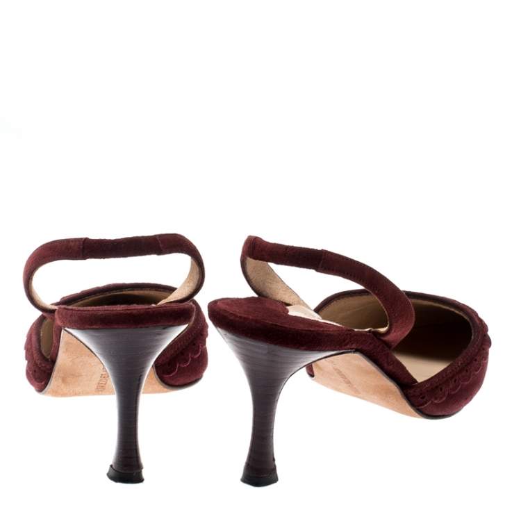 Pre Owned Manolo Blahnik Deep Wine Suede Pointed Toe Scallop Trim Slingback Sandals Size 37