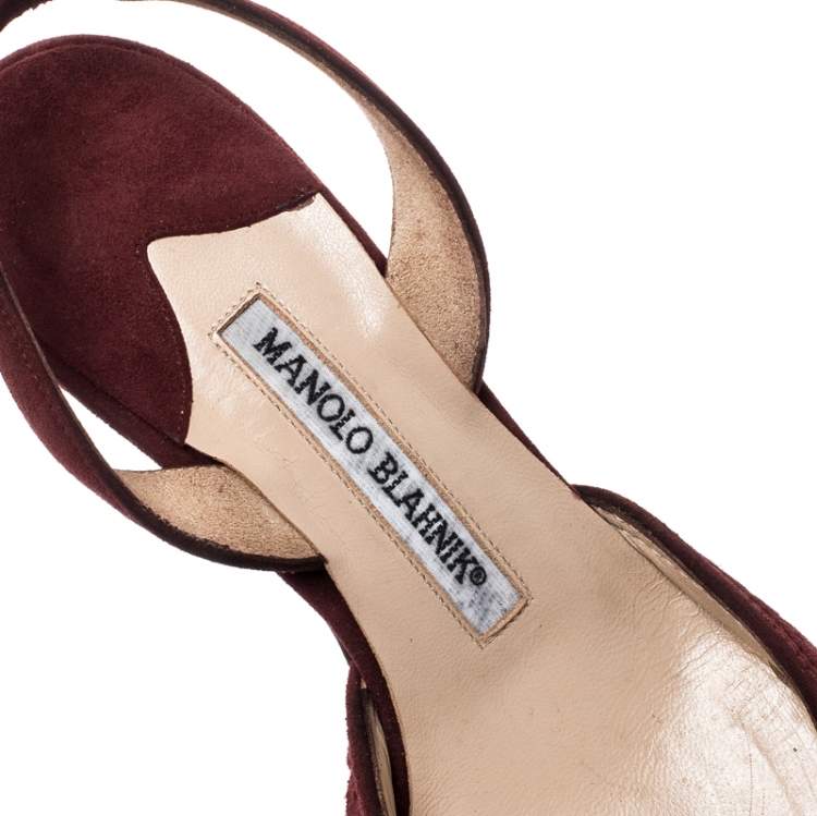 Pre Owned Manolo Blahnik Deep Wine Suede Pointed Toe Scallop Trim Slingback Sandals Size 37