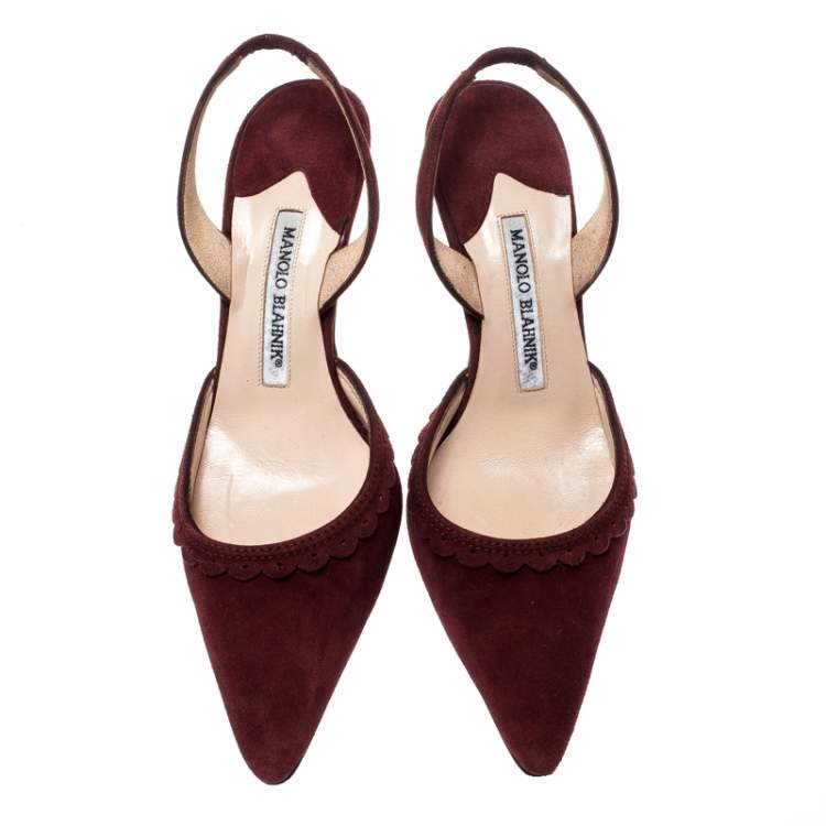 Pre Owned Manolo Blahnik Deep Wine Suede Pointed Toe Scallop Trim Slingback Sandals Size 37
